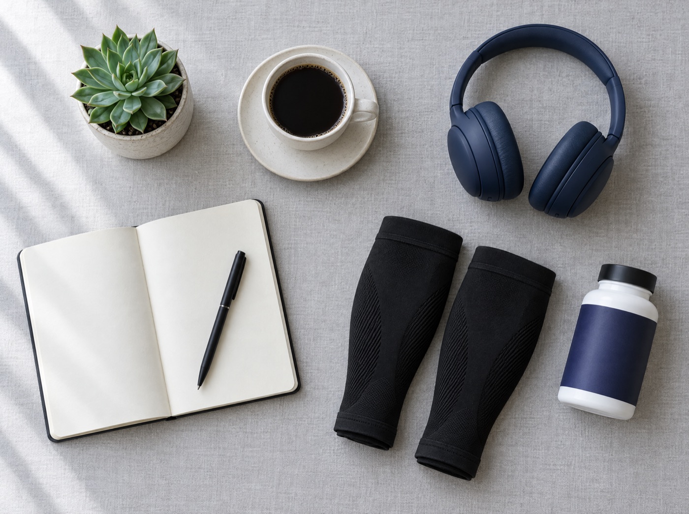 Notebook, coffee, headphones, calf sleeves and a supplement bottle on a desk